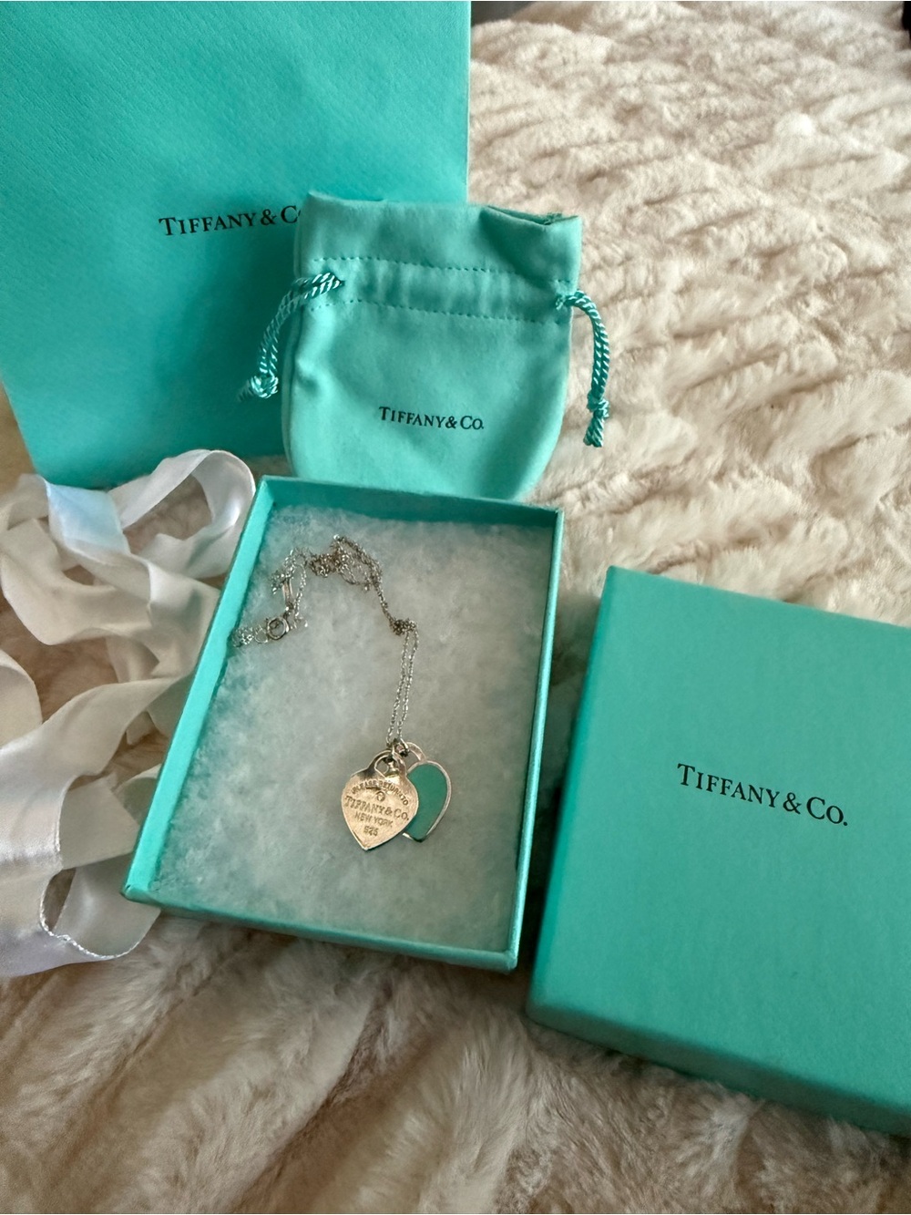 Tiffany & Co. Silver Double Heart with middle diamond with Blue Enamel,small,EUC
